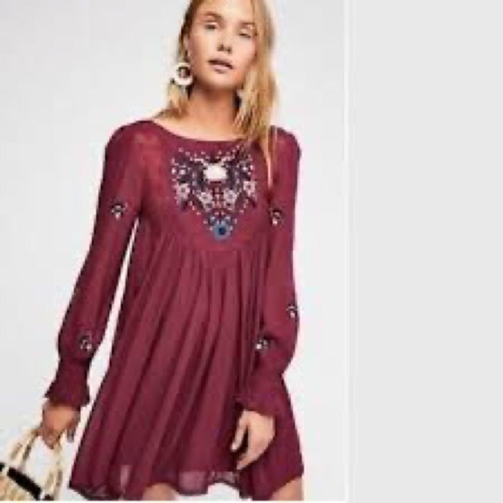 Free People Embroidered Mojave Bohemian Mini Dress in Plum